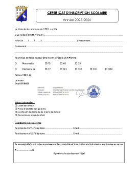 2025-2026 – CERTIFICAT D’INSCRIPTION SCOLAIRE